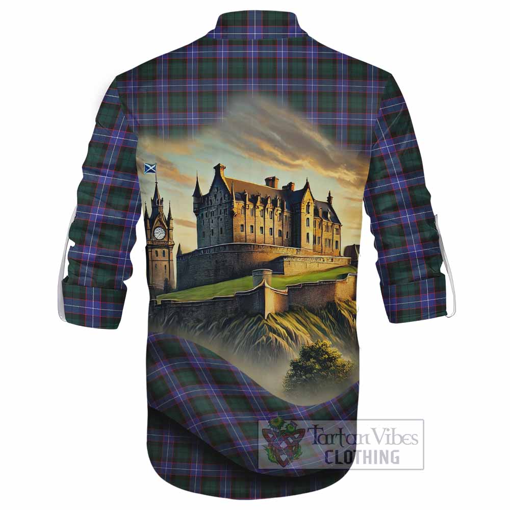 Tartan Vibes Clothing Hunter (Hunterston) Tartan Family Crest Ghillie Kilt Shirt with Scottish Ancient Castle Style