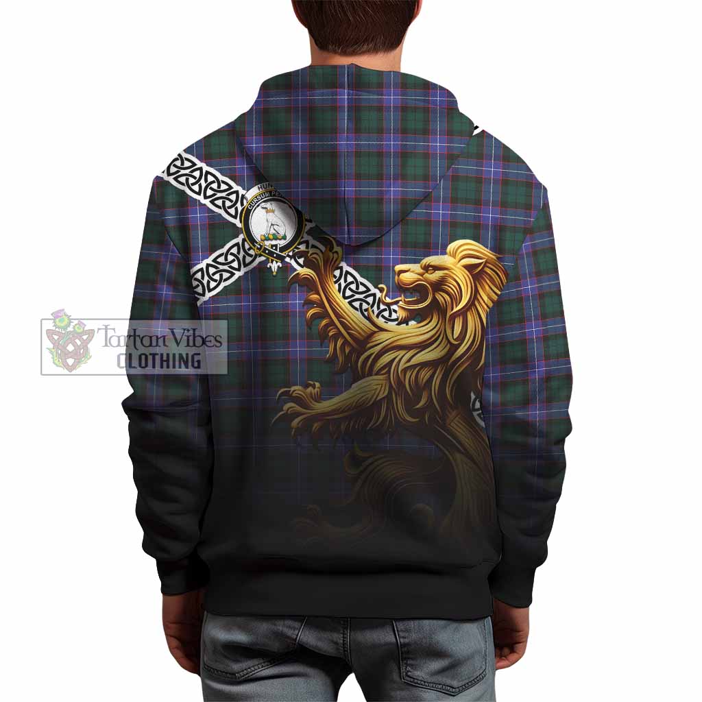 Tartan Vibes Clothing Hunter (Hunterston) Crest Tartan Hoodie with Golden Lion Emblem Celtic Style