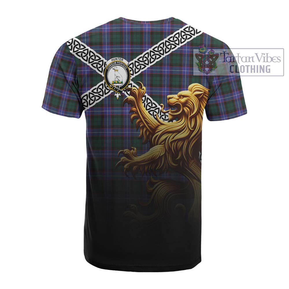 Tartan Vibes Clothing Hunter (Hunterston) Crest Tartan Cotton T-shirt with Golden Lion Emblem Celtic Style