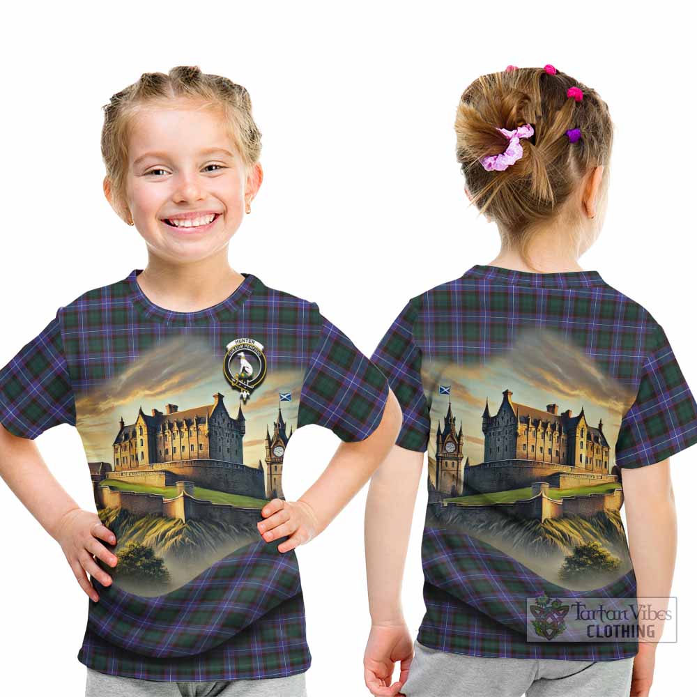 Tartan Vibes Clothing Hunter (Hunterston) Tartan Family Crest Kid T-Shirt with Scottish Ancient Castle Style