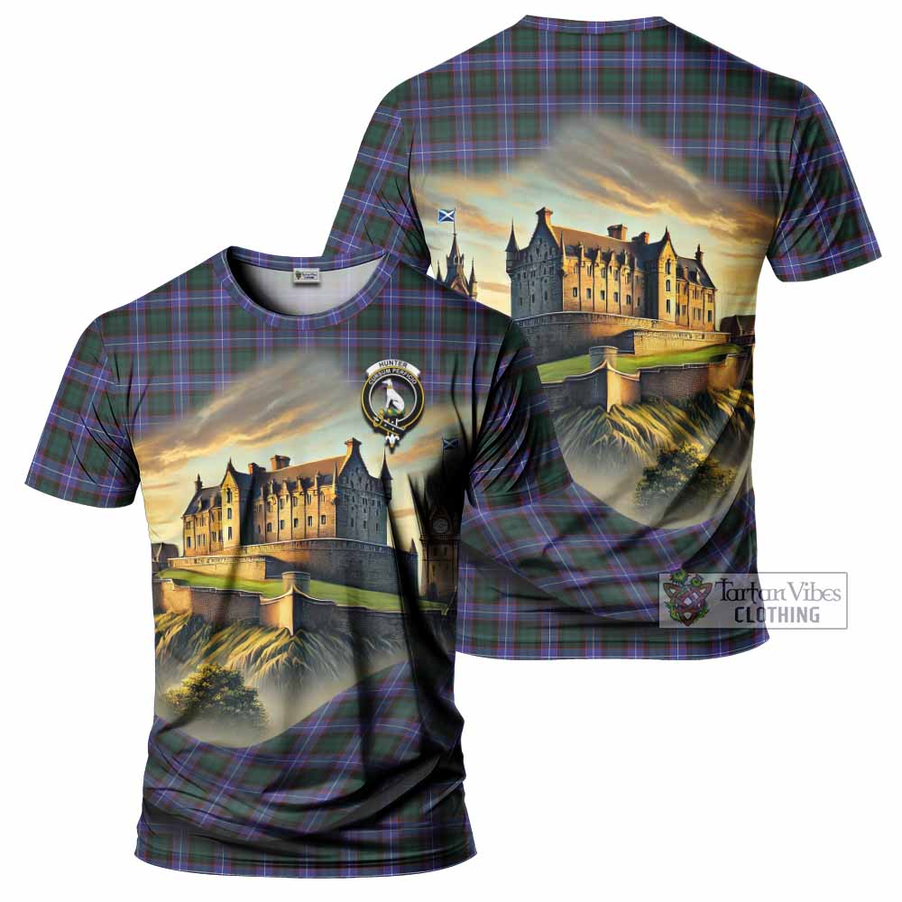 Tartan Vibes Clothing Hunter (Hunterston) Tartan Family Crest T-Shirt with Scottish Ancient Castle Stype