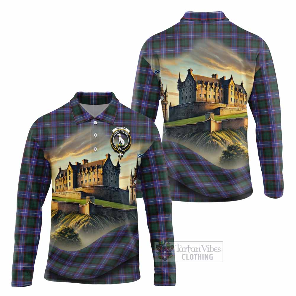 Tartan Vibes Clothing Hunter (Hunterston) Tartan Family Crest Long Sleeve Polo Shirt with Scottish Ancient Castle Style
