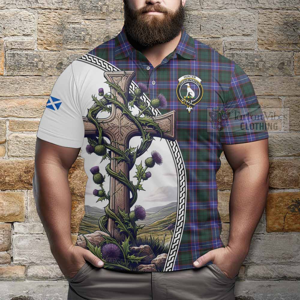 Tartan Vibes Clothing Hunter (Hunterston) Tartan Polo Shirt with Family Crest and St. Andrew's Cross Accented by Thistle Vines