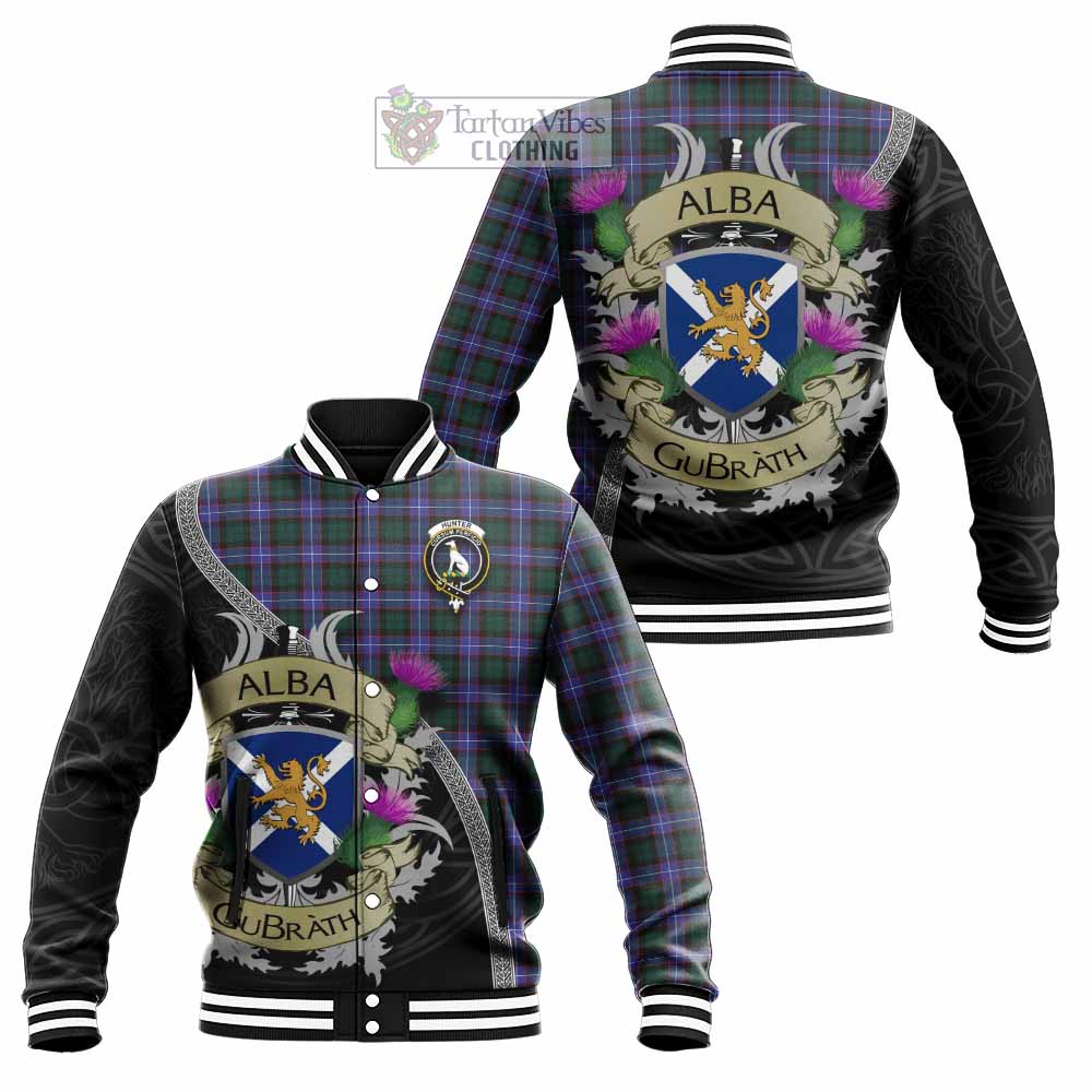Tartan Vibes Clothing Hunter (Hunterston) Tartan Family Crest Baseball Jacket Lion Rampant Royal Thistle Shield Celtic Inspired