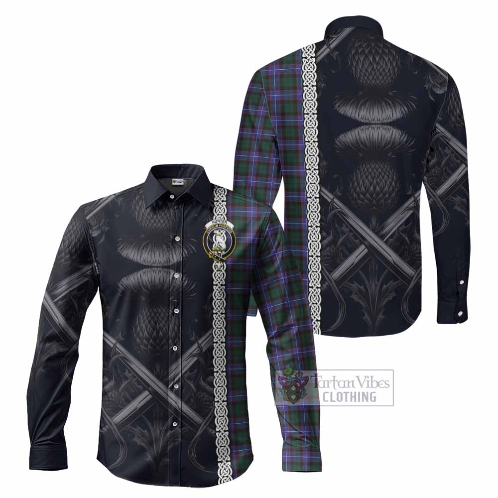 Tartan Vibes Clothing Hunter (Hunterston) Tartan Long Sleeve Button Shirt with Family Crest Cross Sword Thistle Celtic Vibes