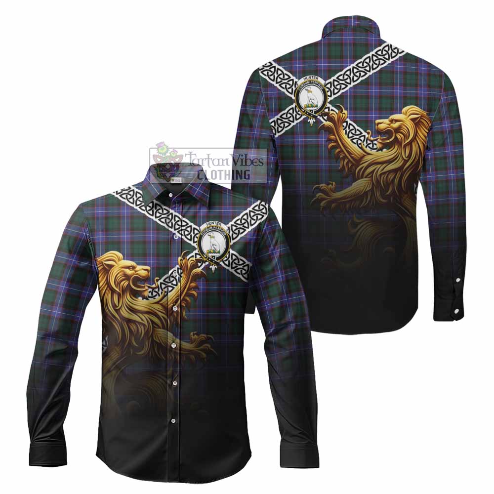 Tartan Vibes Clothing Hunter (Hunterston) Crest Tartan Long Sleeve Button Shirt with Golden Lion Emblem Celtic Style
