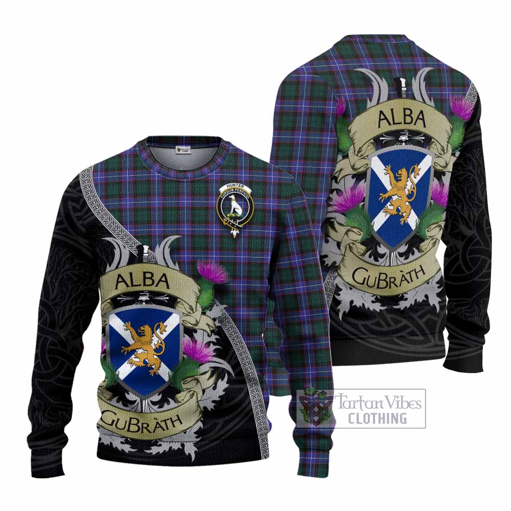 Tartan Vibes Clothing Hunter (Hunterston) Tartan Family Crest Knitted Sweater Lion Rampant Royal Thistle Shield Celtic Inspired