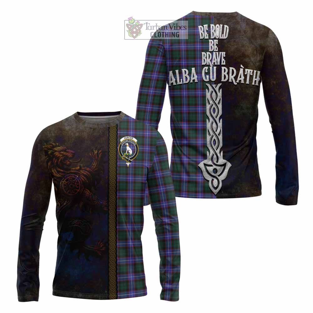 Tartan Vibes Clothing Hunter (Hunterston) Tartan Family Crest Long Sleeve T-Shirt Alba Gu Brath Be Brave Lion Ancient Style