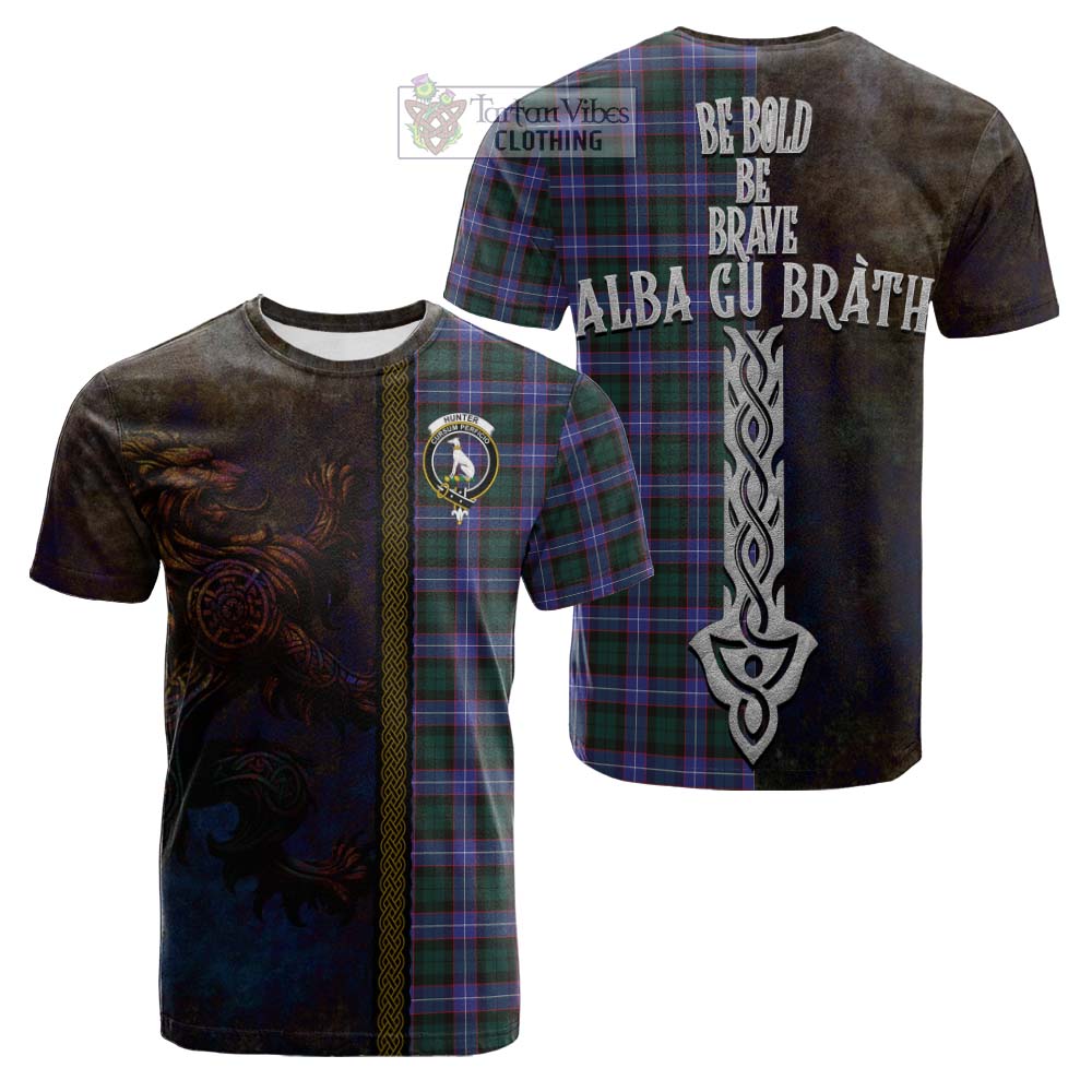 Tartan Vibes Clothing Hunter (Hunterston) Tartan Family Crest Cotton T-shirt Alba Gu Brath Be Brave Lion Ancient Style