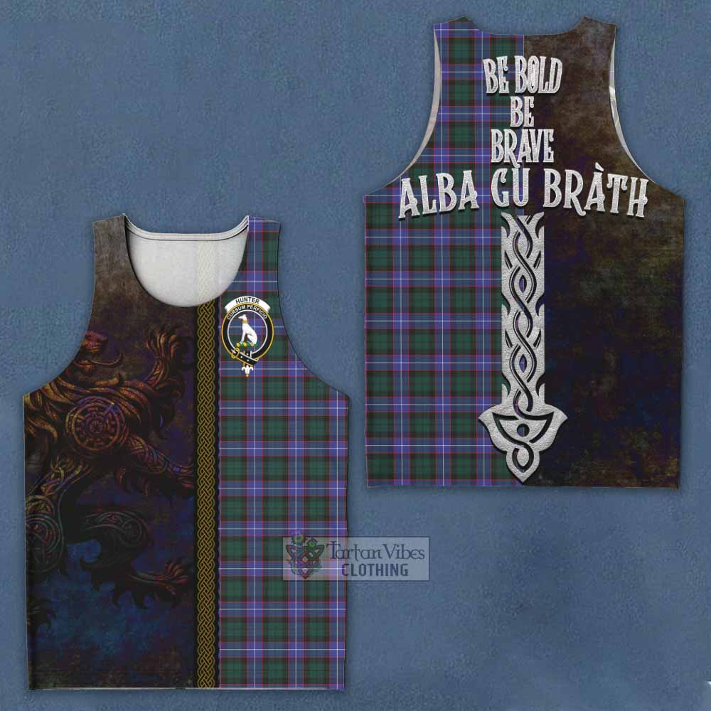 Tartan Vibes Clothing Hunter (Hunterston) Tartan Family Crest Men's Tank Top Alba Gu Brath Be Brave Lion Ancient Style
