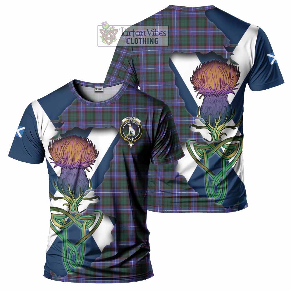 Tartan Vibes Clothing Hunter (Hunterston) Tartan Family Crest T-Shirt Scottish Thistle Celtic Inspired