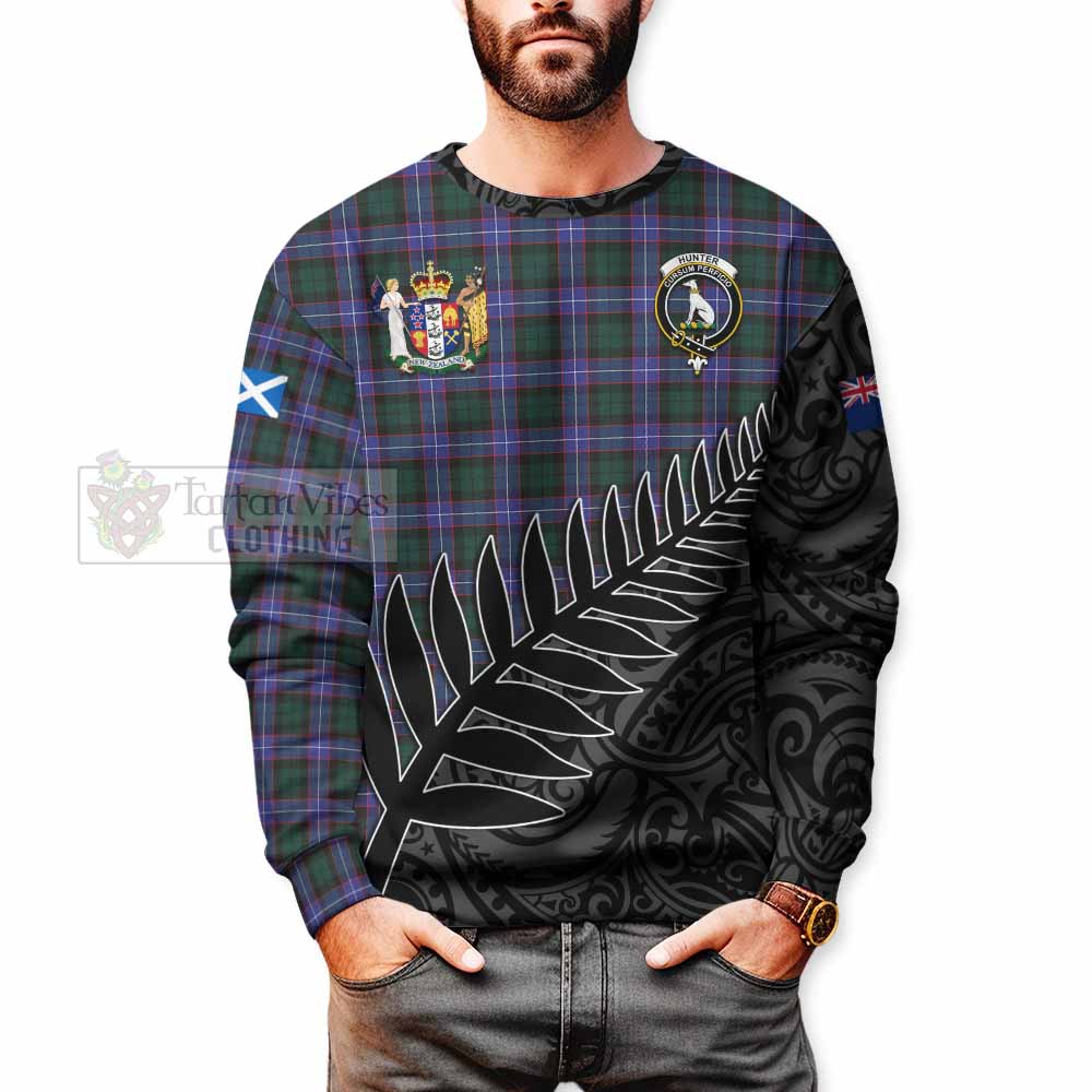 Hunter (Hunterston) Crest Tartan Sweatshirt with New Zealand Silver Fern Half Style - Tartan Vibes Clothing