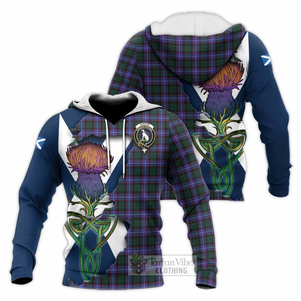Tartan Vibes Clothing Hunter (Hunterston) Tartan Family Crest Knitted Hoodie Scottish Thistle Celtic Inspired