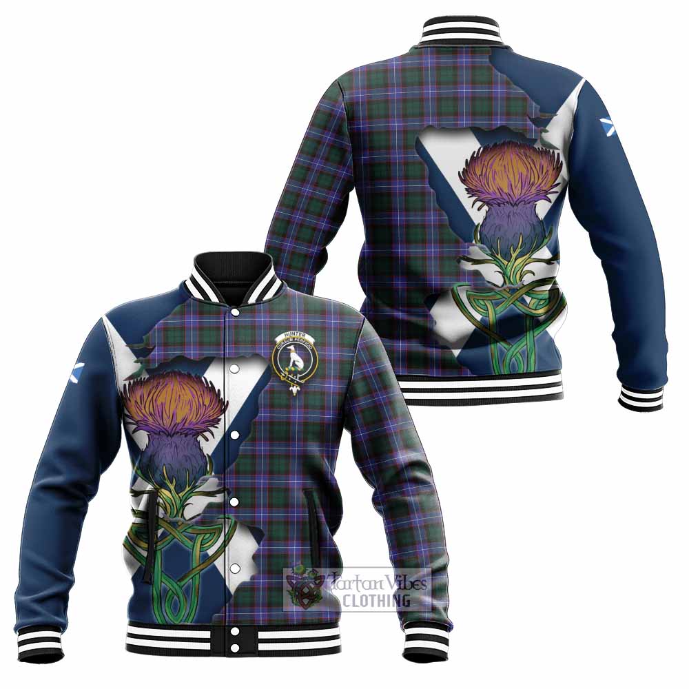 Tartan Vibes Clothing Hunter (Hunterston) Tartan Family Crest Baseball Jacket Scottish Thistle Celtic Inspired