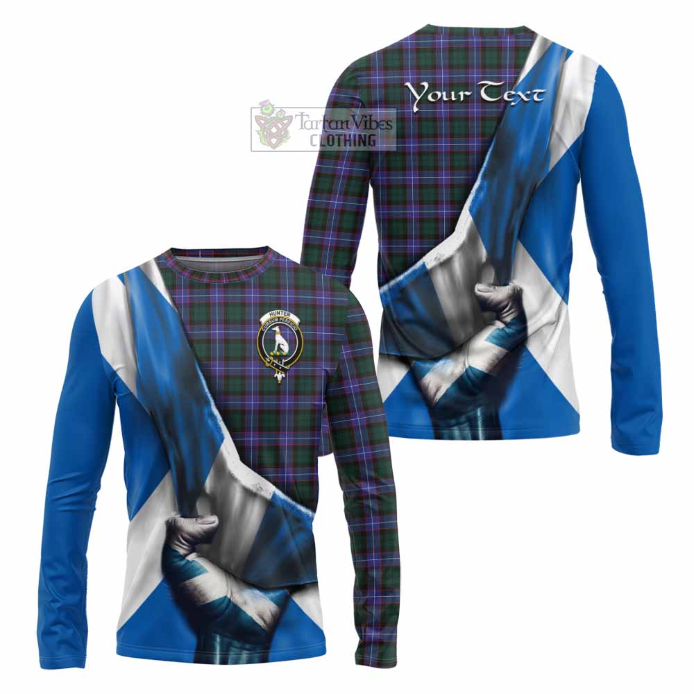 Tartan Vibes Clothing Hunter (Hunterston) Tartan Long Sleeve T-Shirt with Family Crest Scotland Patriotic Style