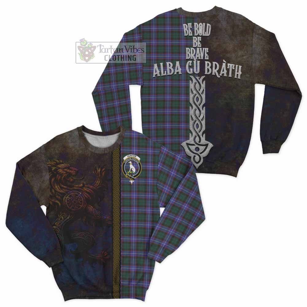 Hunter (Hunterston) Tartan Family Crest Sweatshirt Alba Gu Brath Be Brave Lion Ancient Style - Tartan Vibes Clothing