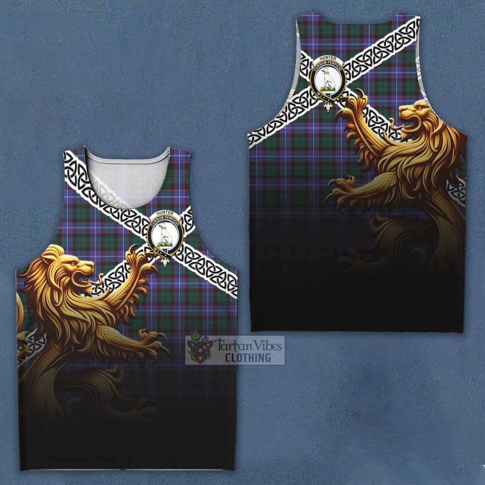 Tartan Vibes Clothing Hunter (Hunterston) Crest Tartan Men's Tank Top with Golden Lion Emblem Celtic Style