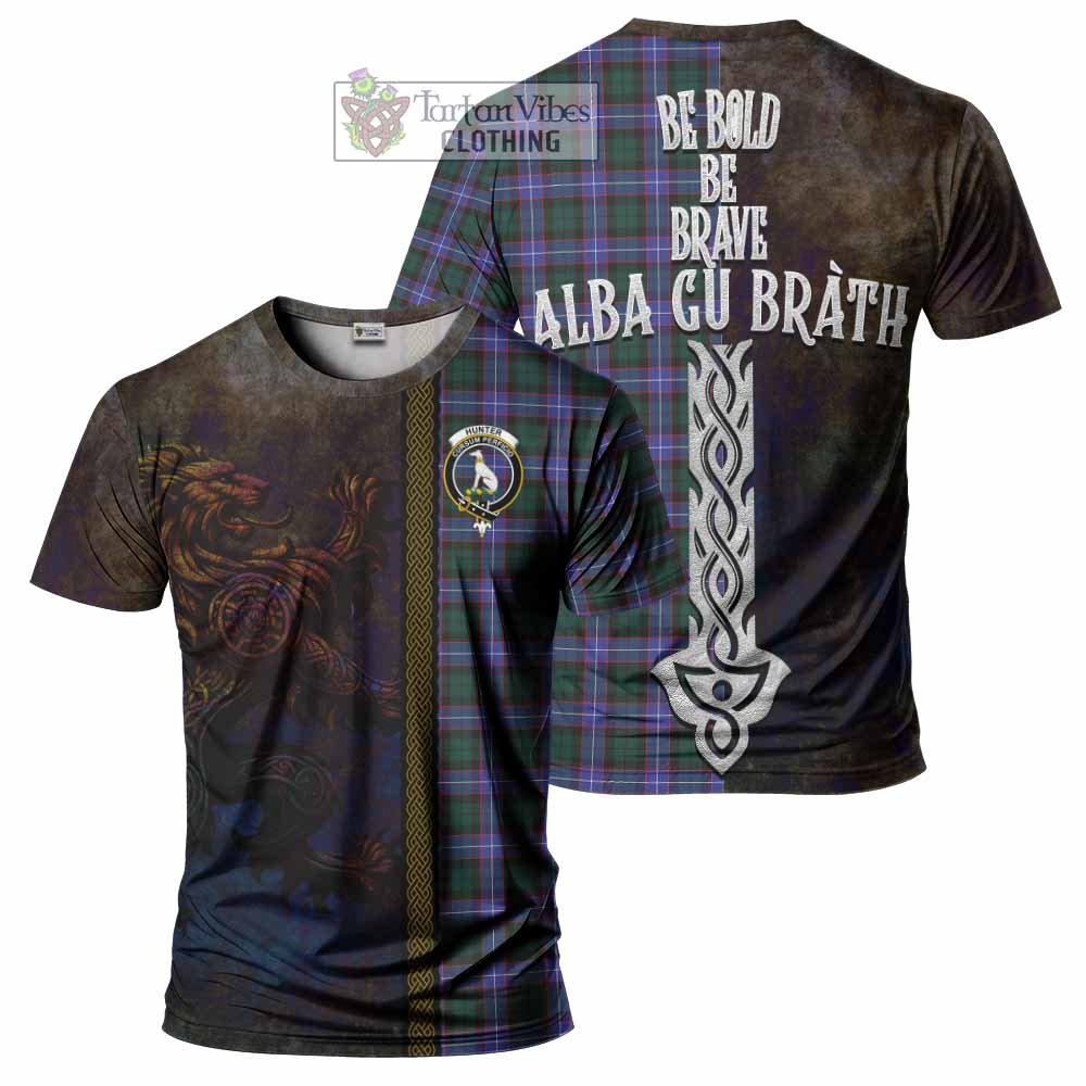 Tartan Vibes Clothing Hunter (Hunterston) Tartan Family Crest T-Shirt Alba Gu Brath Be Brave Lion Ancient Style