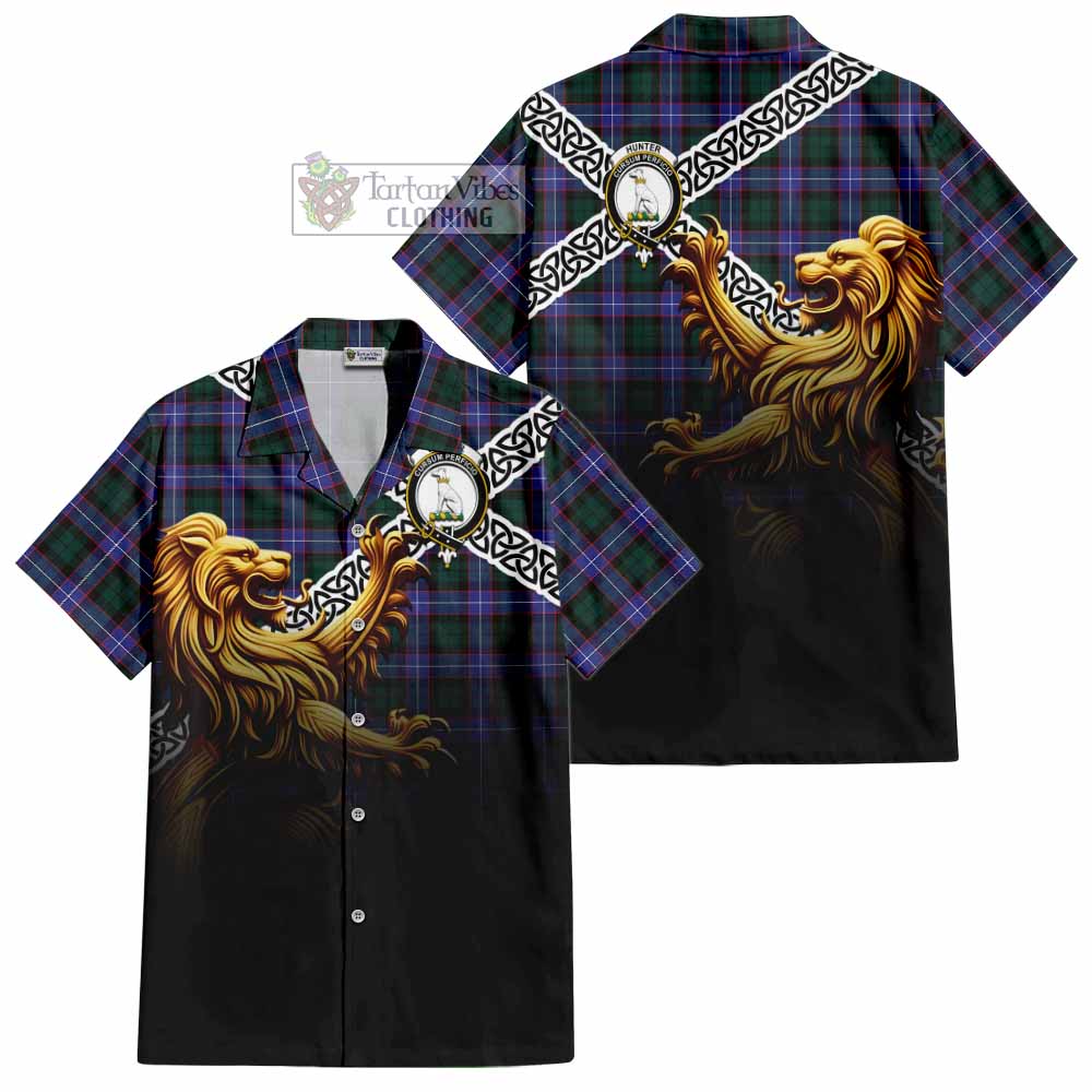 Tartan Vibes Clothing Hunter (Hunterston) Crest Tartan Short Sleeve Button Shirt with Golden Lion Emblem Celtic Style