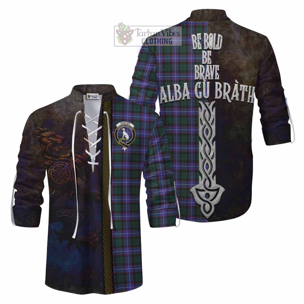 Tartan Vibes Clothing Hunter (Hunterston) Tartan Family Crest Ghillie Kilt Shirt Alba Gu Brath Be Brave Lion Ancient Style