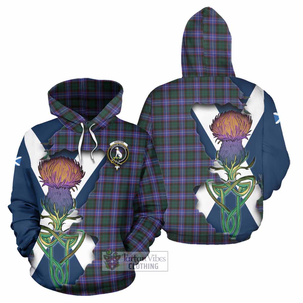 Tartan Vibes Clothing Hunter (Hunterston) Tartan Family Crest Hoodie Scottish Thistle Celtic Inspired
