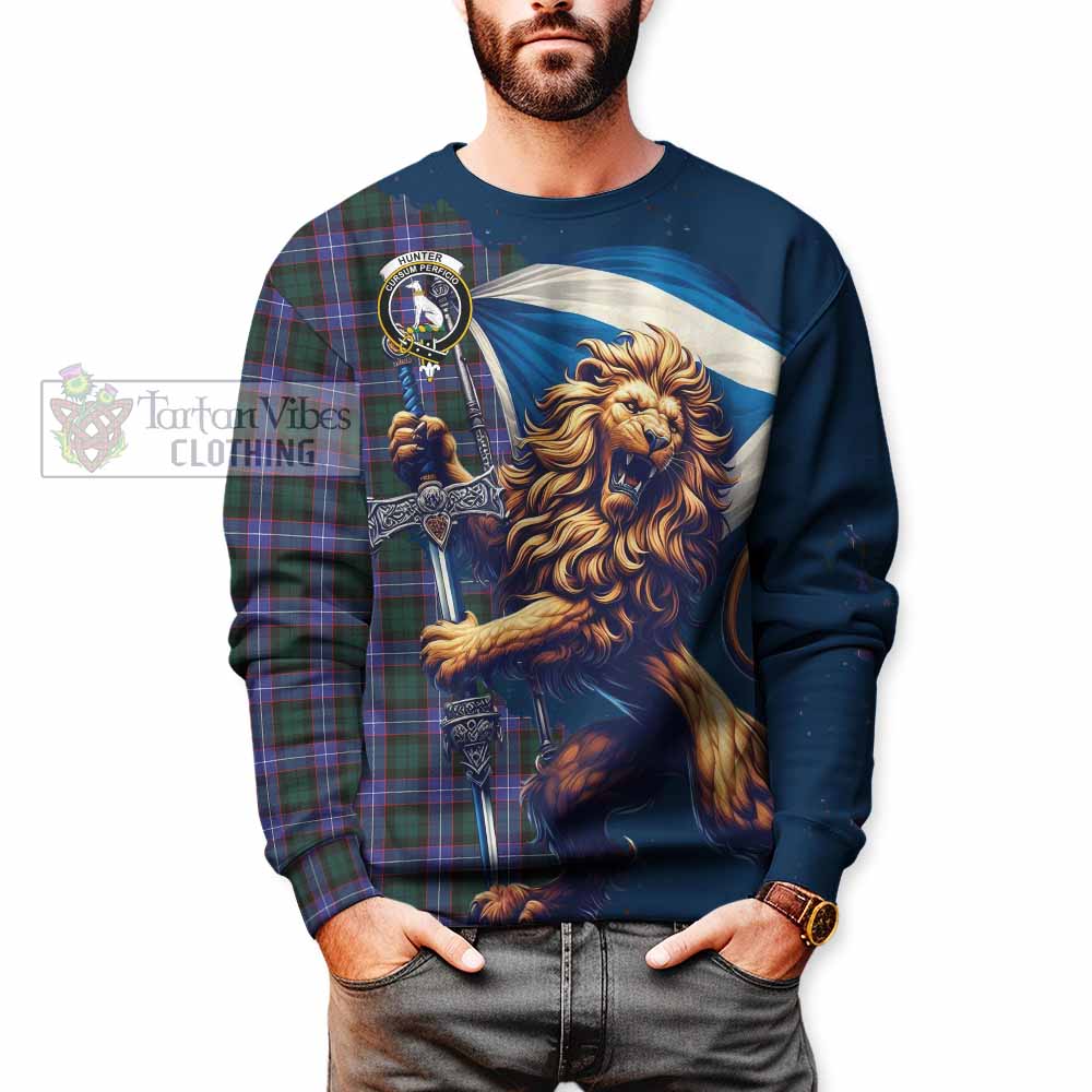 Tartan Vibes Clothing Hunter (Hunterston) Tartan Family Crest Sweatshirt with Scottish Majestic Lion