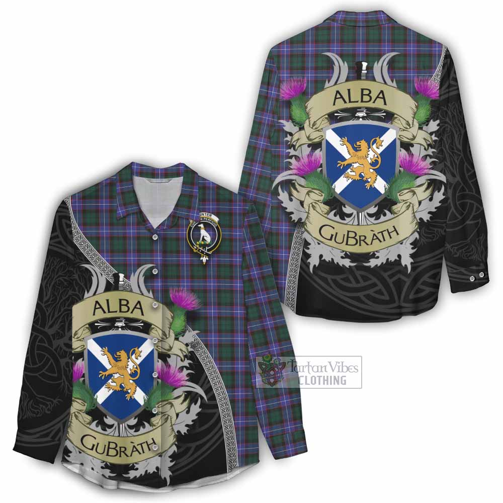 Tartan Vibes Clothing Hunter (Hunterston) Tartan Family Crest Women's Casual Shirt Lion Rampant Royal Thistle Shield Celtic Inspired