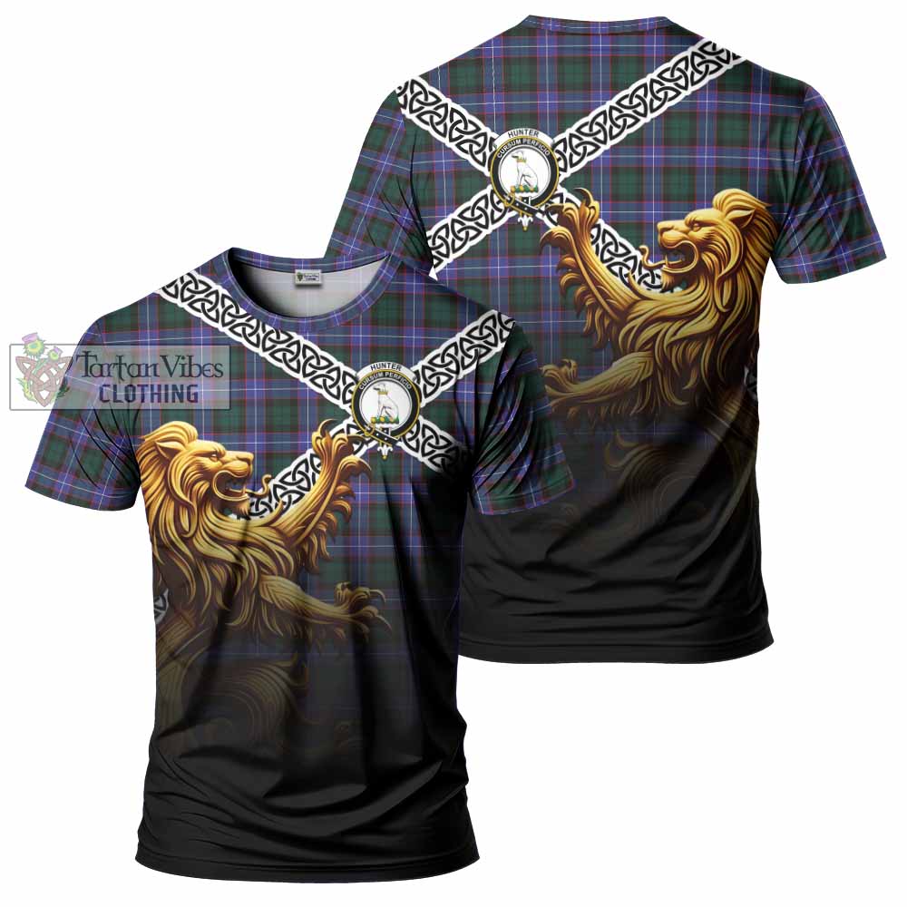Tartan Vibes Clothing Hunter (Hunterston) Crest Tartan T-Shirt with Golden Lion Emblem Celtic Style