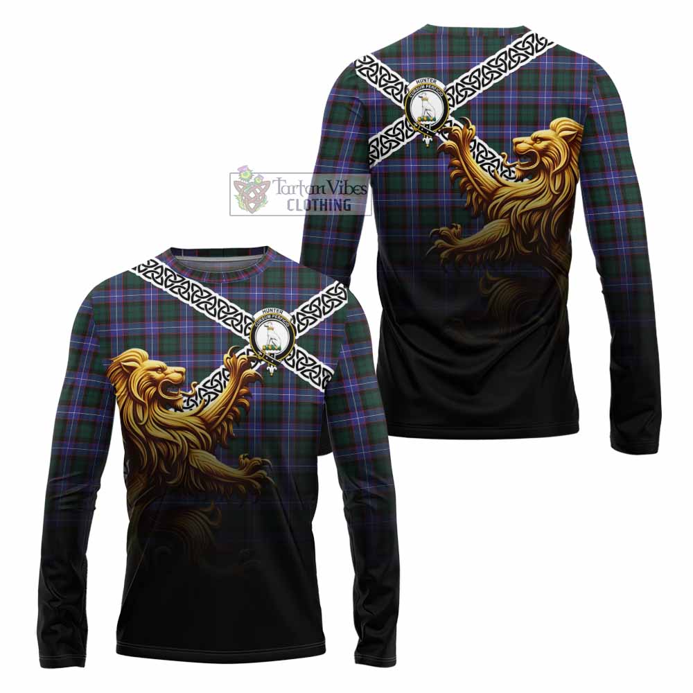 Tartan Vibes Clothing Hunter (Hunterston) Crest Tartan Long Sleeve T-Shirt with Golden Lion Emblem Celtic Style