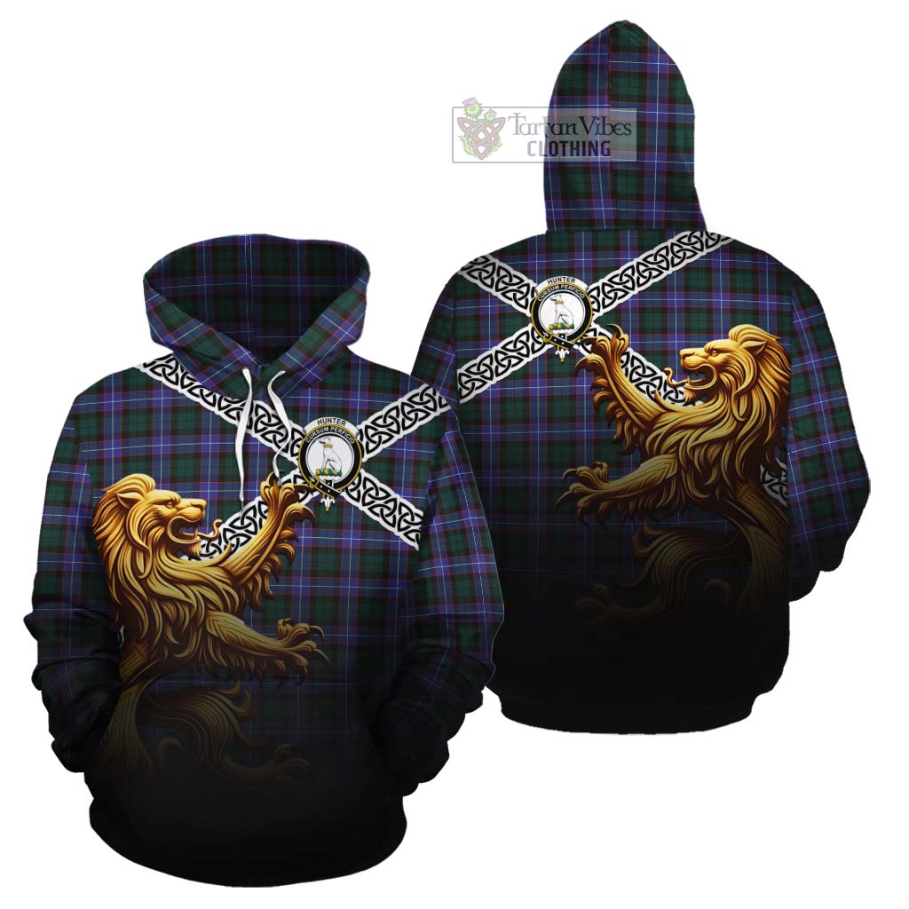 Tartan Vibes Clothing Hunter (Hunterston) Crest Tartan Cotton Hoodie with Golden Lion Emblem Celtic Style