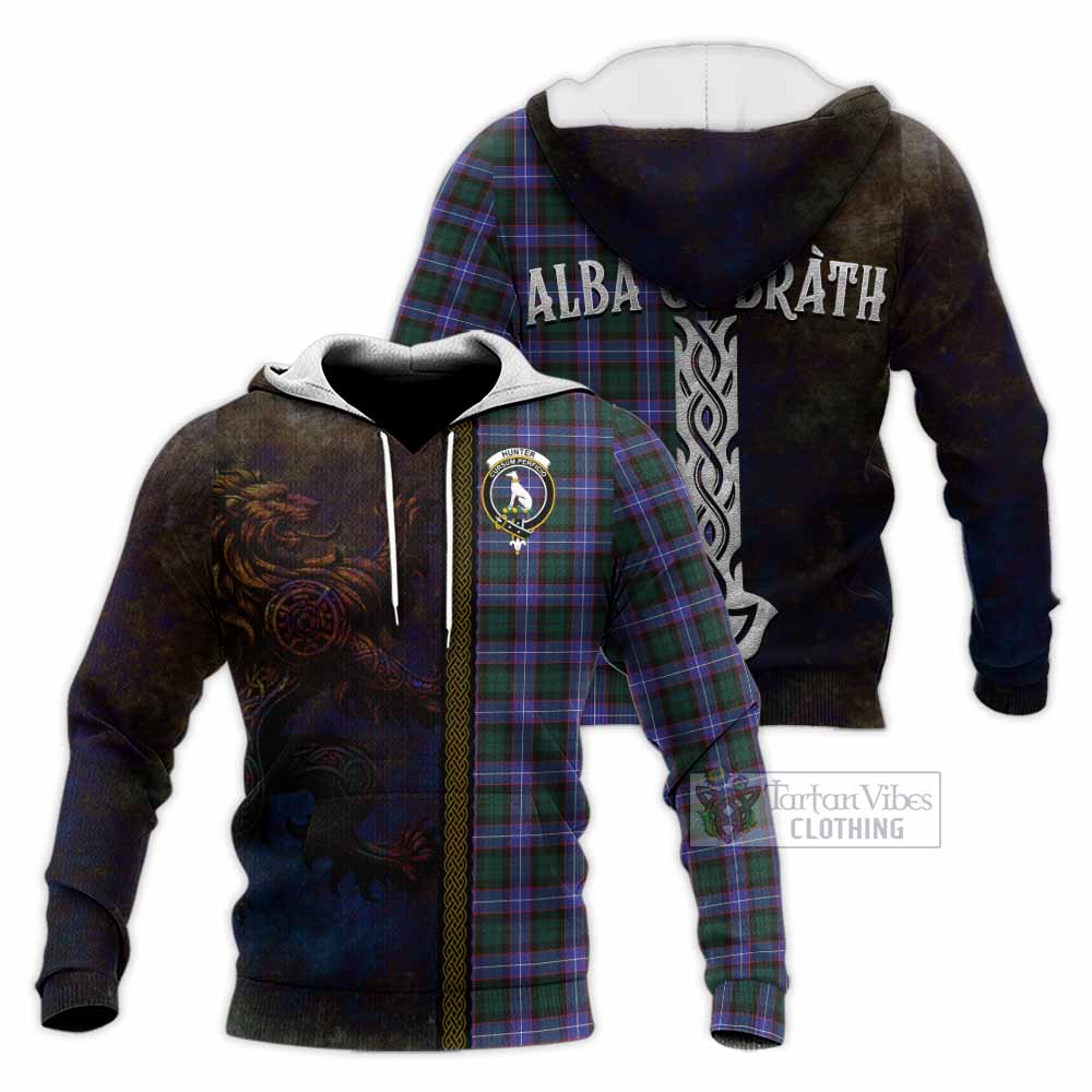 Tartan Vibes Clothing Hunter (Hunterston) Tartan Family Crest Knitted Hoodie Alba Gu Brath Be Brave Lion Ancient Style