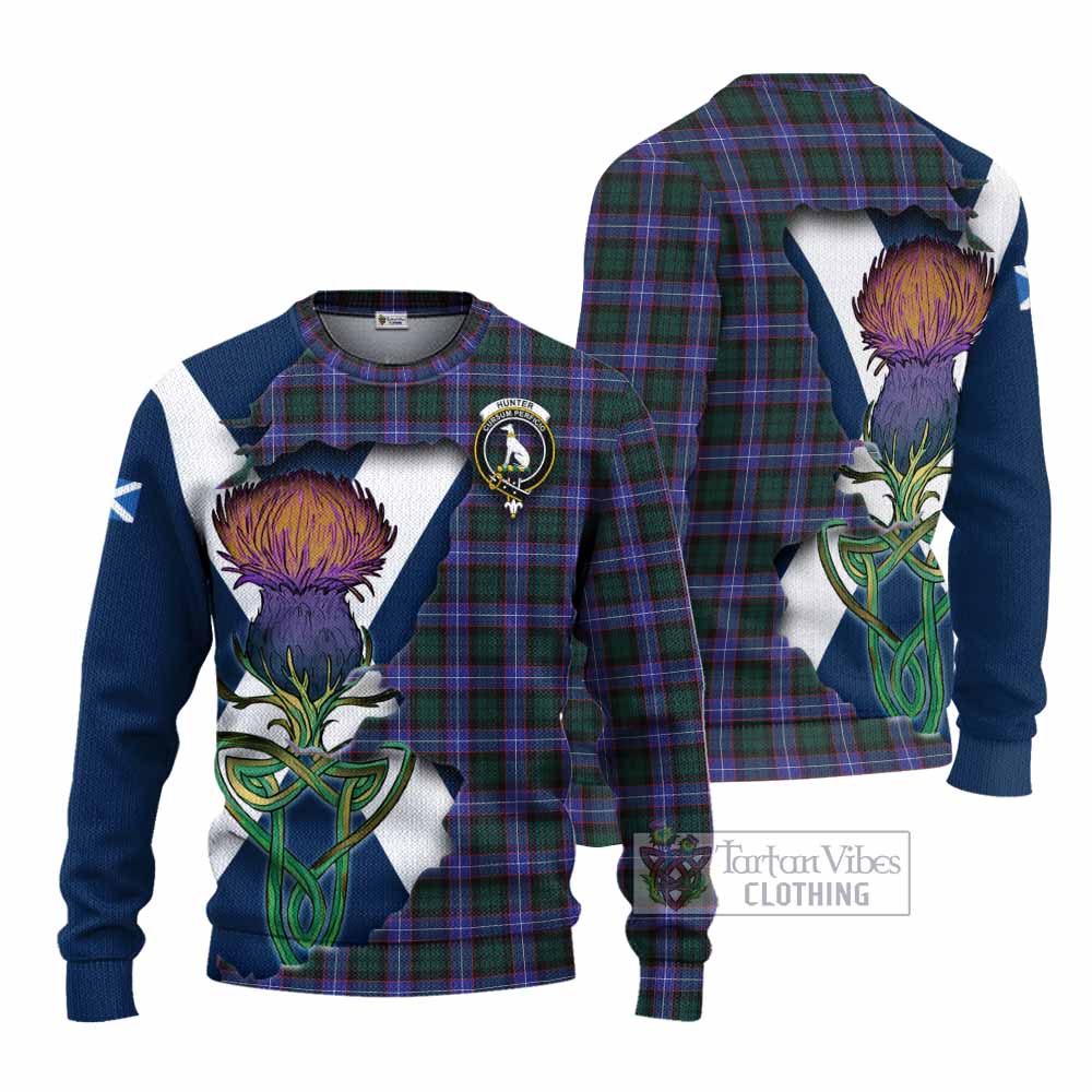Tartan Vibes Clothing Hunter (Hunterston) Tartan Family Crest Knitted Sweater Scottish Thistle Celtic Inspired