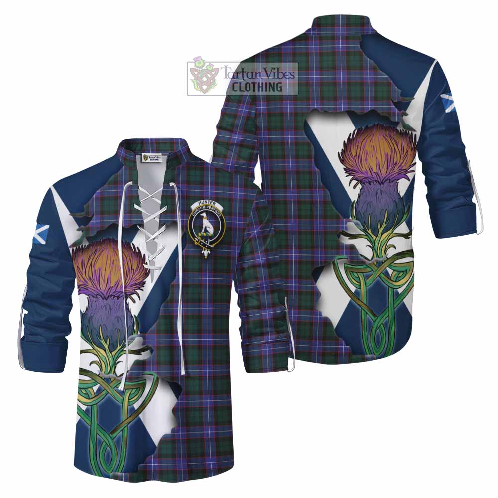 Tartan Vibes Clothing Hunter (Hunterston) Tartan Family Crest Ghillie Kilt Shirt Scottish Thistle Celtic Inspired