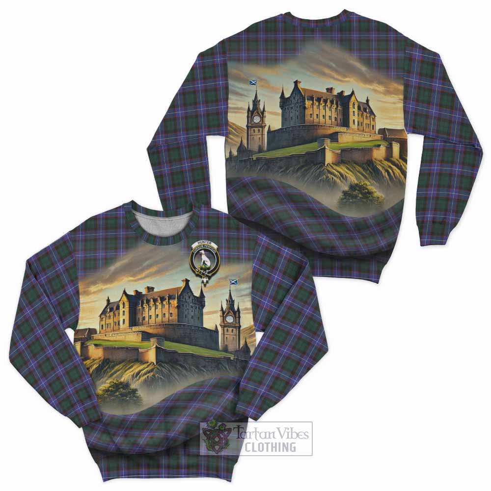 Tartan Vibes Clothing Hunter (Hunterston) Tartan Family Crest Sweatshirt with Scottish Ancient Castle Style