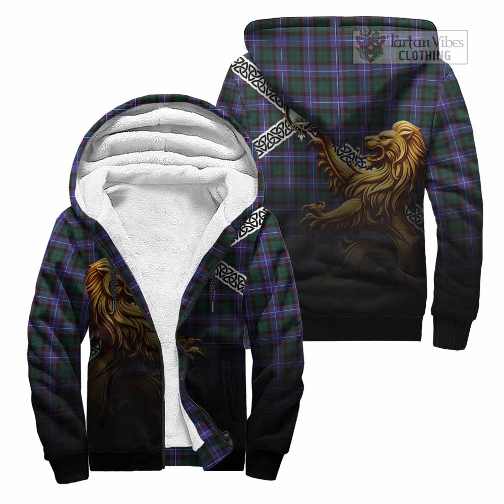 Tartan Vibes Clothing Hunter (Hunterston) Crest Tartan Sherpa Hoodie with Golden Lion Emblem Celtic Style