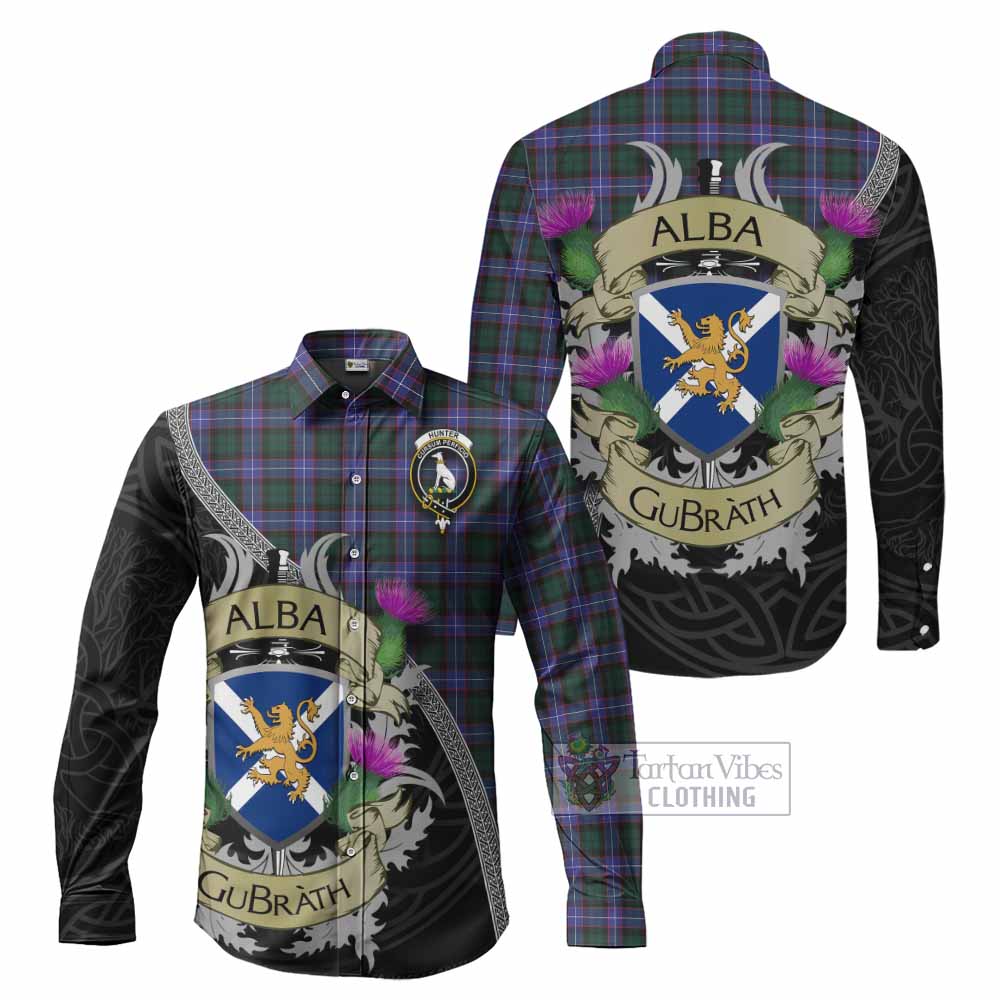Tartan Vibes Clothing Hunter (Hunterston) Tartan Family Crest Long Sleeve Button Shirt Lion Rampant Royal Thistle Shield Celtic Inspired