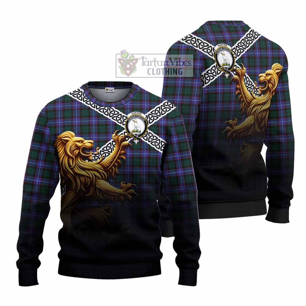Tartan Vibes Clothing Hunter (Hunterston) Crest Tartan Knitted Sweater with Golden Lion Emblem Celtic Style