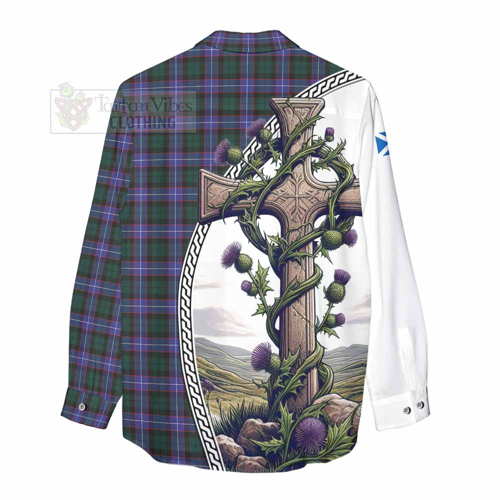 Tartan Vibes Clothing Hunter (Hunterston) Tartan Women's Casual Shirt with Family Crest and St. Andrew's Cross Accented by Thistle Vines
