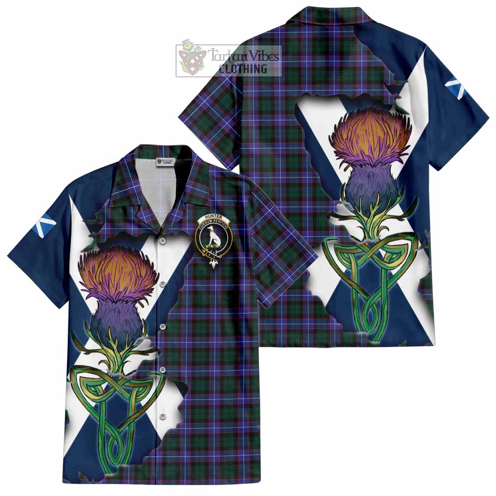 Tartan Vibes Clothing Hunter (Hunterston) Tartan Family Crest Short Sleeve Button Shirt Scottish Thistle Celtic Inspired