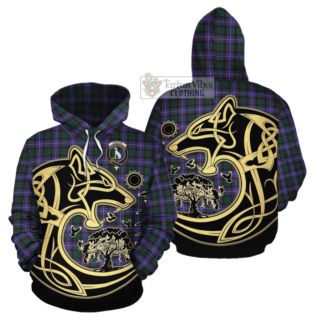 Tartan Vibes Clothing Hunter (Hunterston) Tartan Cotton Hoodie with Family Crest Celtic Wolf Style