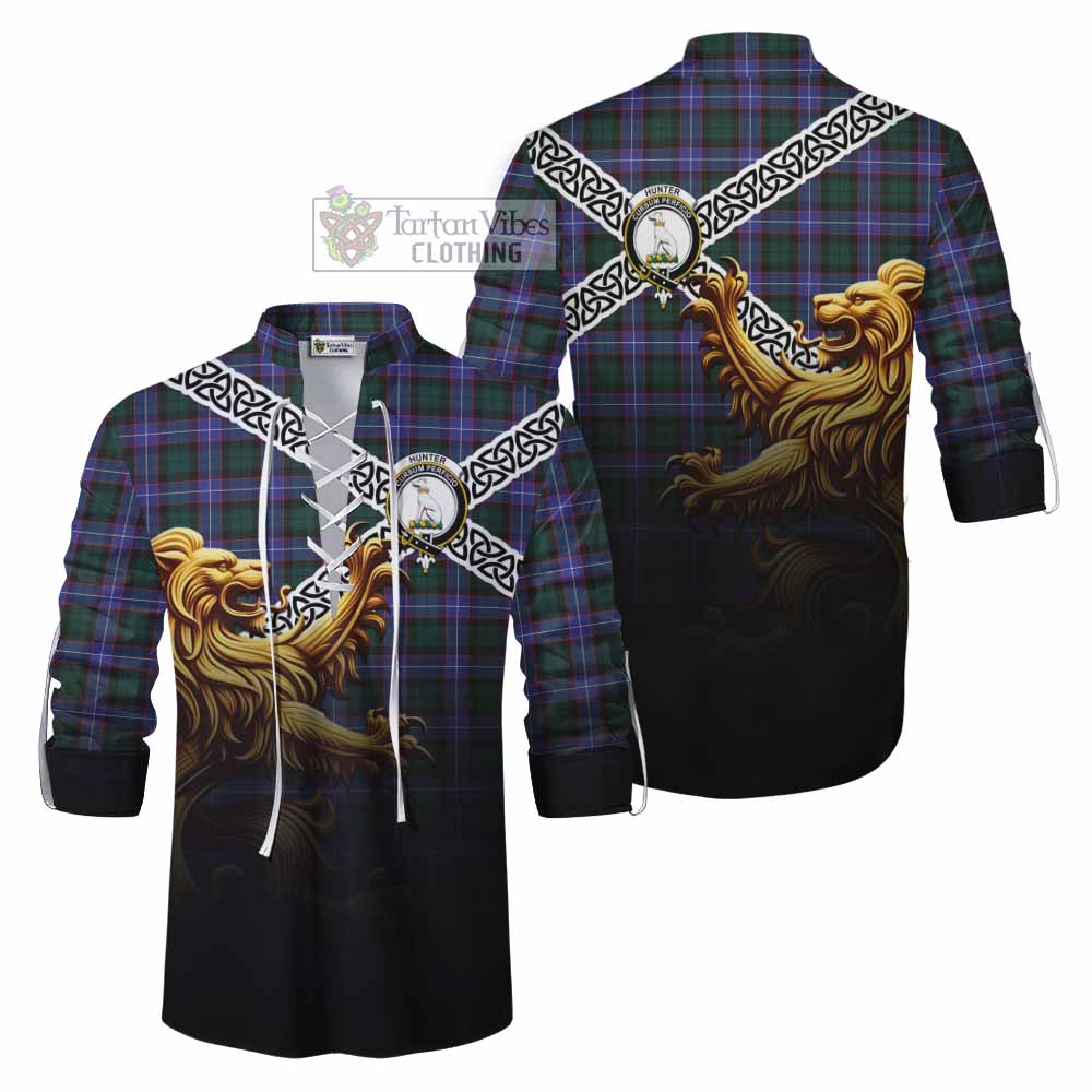 Tartan Vibes Clothing Hunter (Hunterston) Crest Tartan Ghillie Kilt Shirt with Golden Lion Emblem Celtic Style