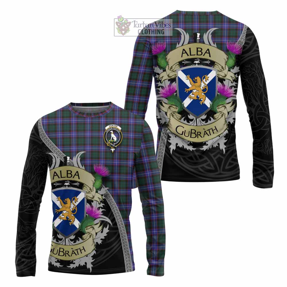 Tartan Vibes Clothing Hunter (Hunterston) Tartan Family Crest Long Sleeve T-Shirt Lion Rampant Royal Thistle Shield Celtic Inspired