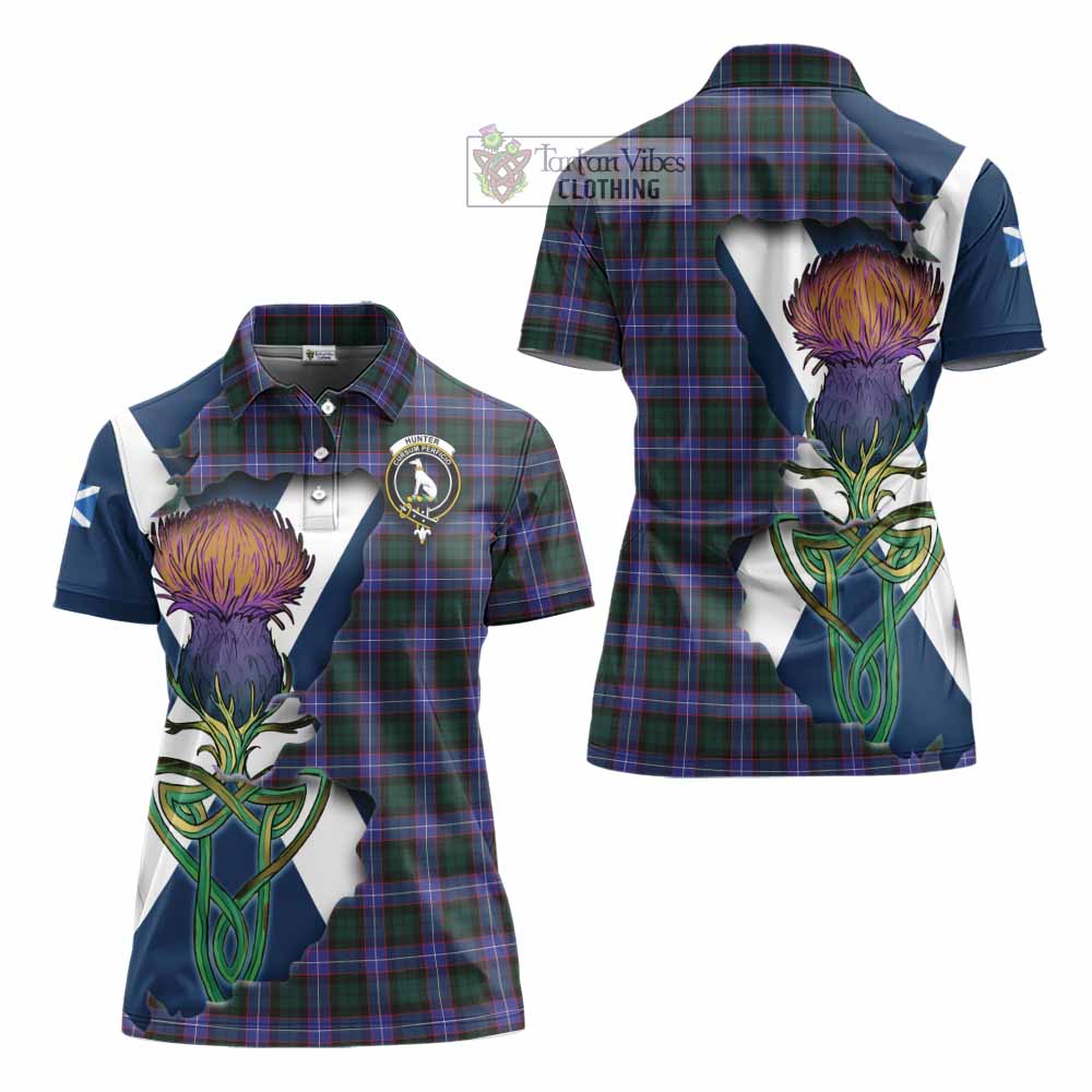 Tartan Vibes Clothing Hunter (Hunterston) Tartan Family Crest Women's Polo Shirt Scottish Thistle Celtic Inspired