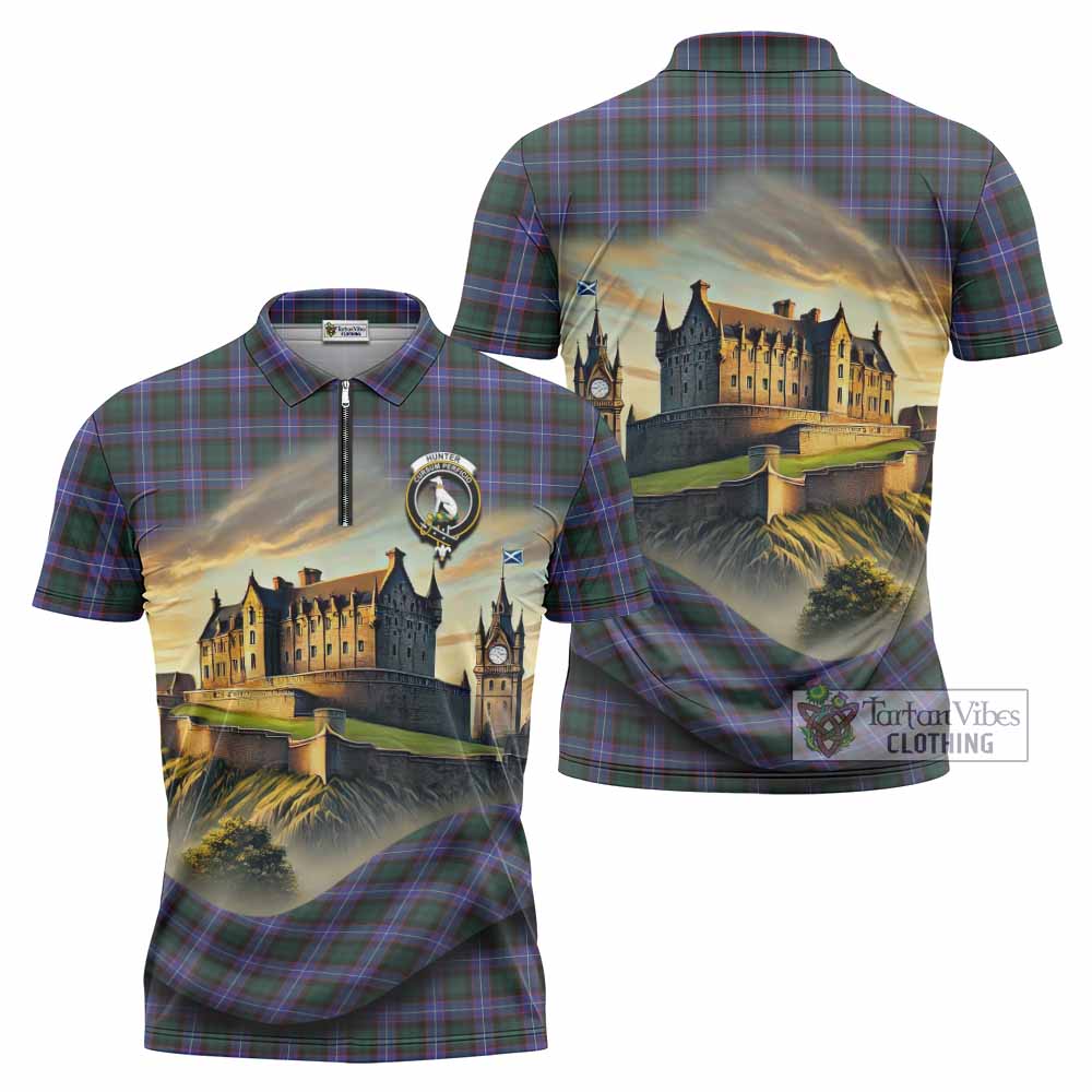 Tartan Vibes Clothing Hunter (Hunterston) Tartan Family Crest Zipper Polo Shirt with Scottish Ancient Castle Stype