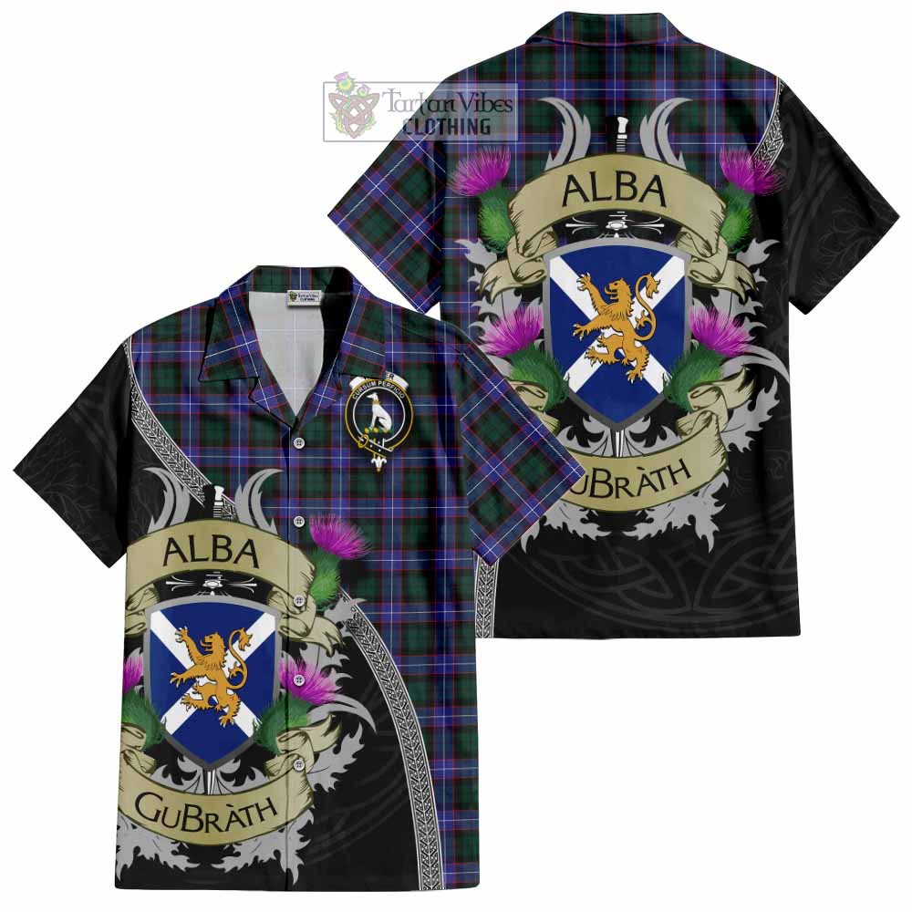 Tartan Vibes Clothing Hunter (Hunterston) Tartan Family Crest Short Sleeve Button Shirt Lion Rampant Royal Thistle Shield Celtic Inspired