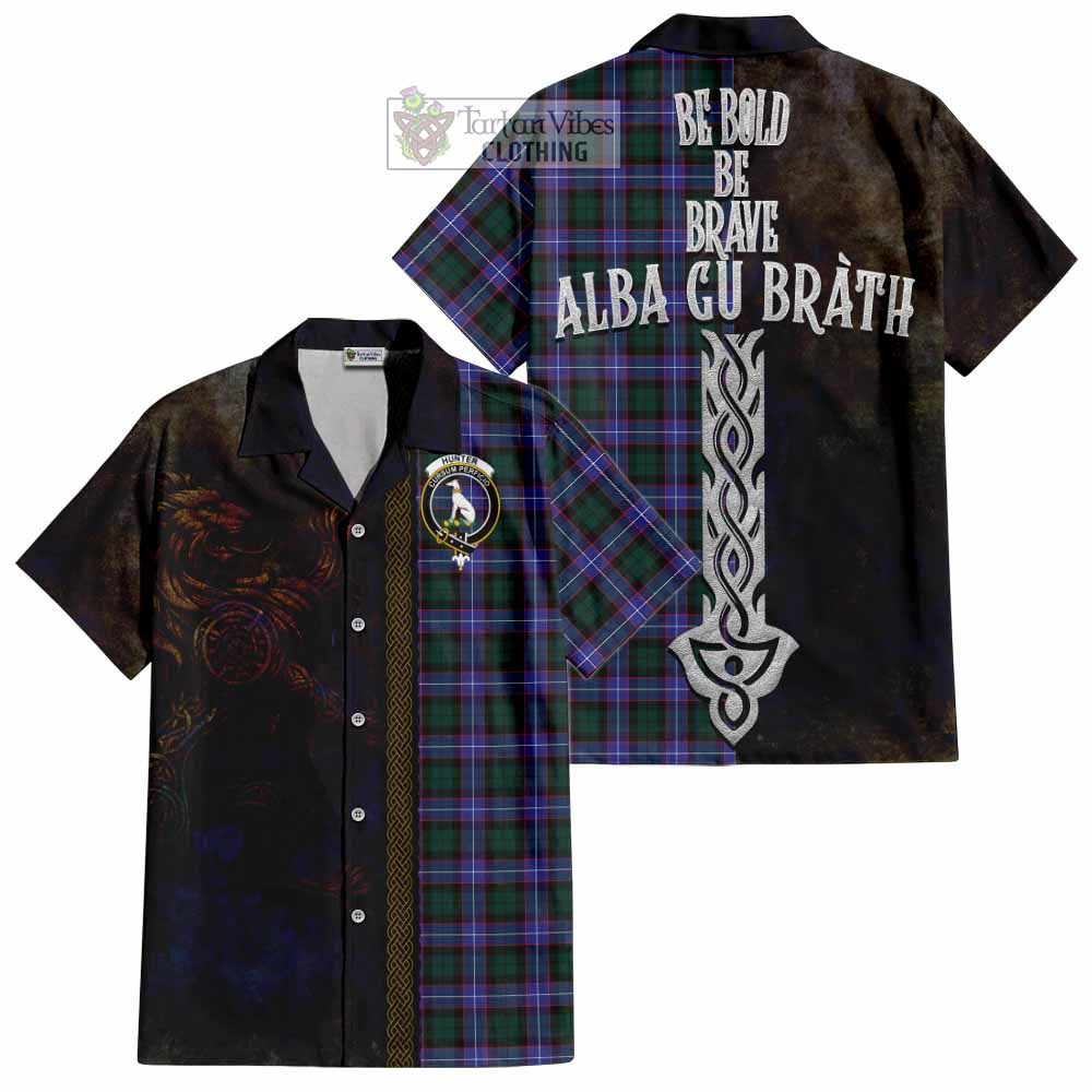 Tartan Vibes Clothing Hunter (Hunterston) Tartan Family Crest Short Sleeve Button Shirt Alba Gu Brath Be Brave Lion Ancient Style