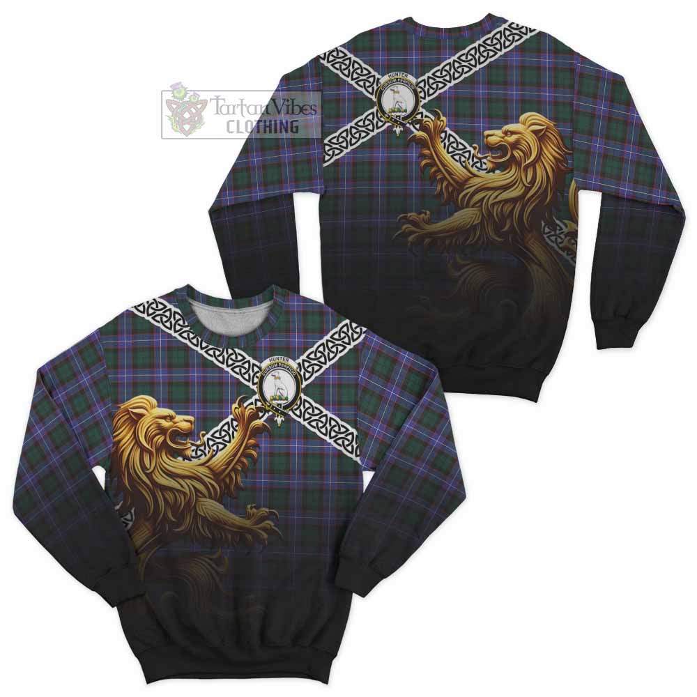 Tartan Vibes Clothing Hunter (Hunterston) Crest Tartan Sweatshirt with Golden Lion Emblem Celtic Style