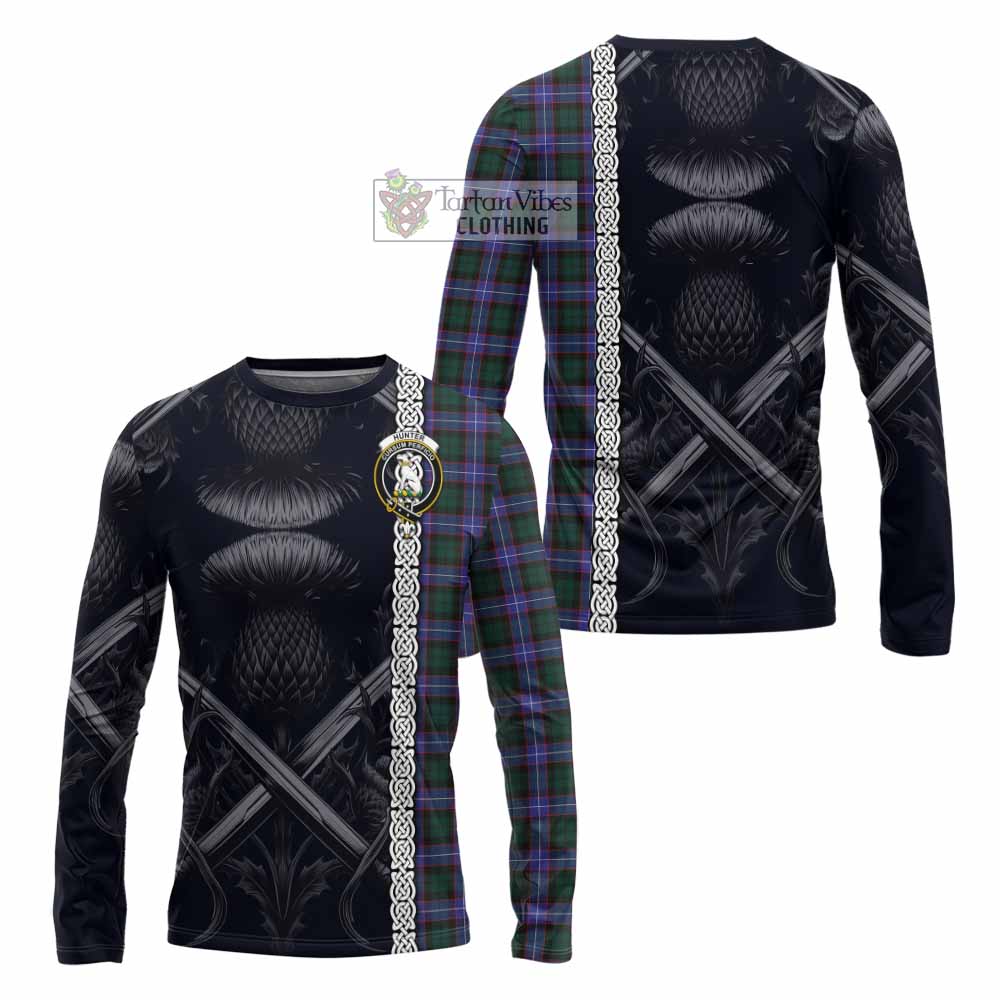 Tartan Vibes Clothing Hunter (Hunterston) Tartan Long Sleeve T-Shirt with Family Crest Cross Sword Thistle Celtic Vibes