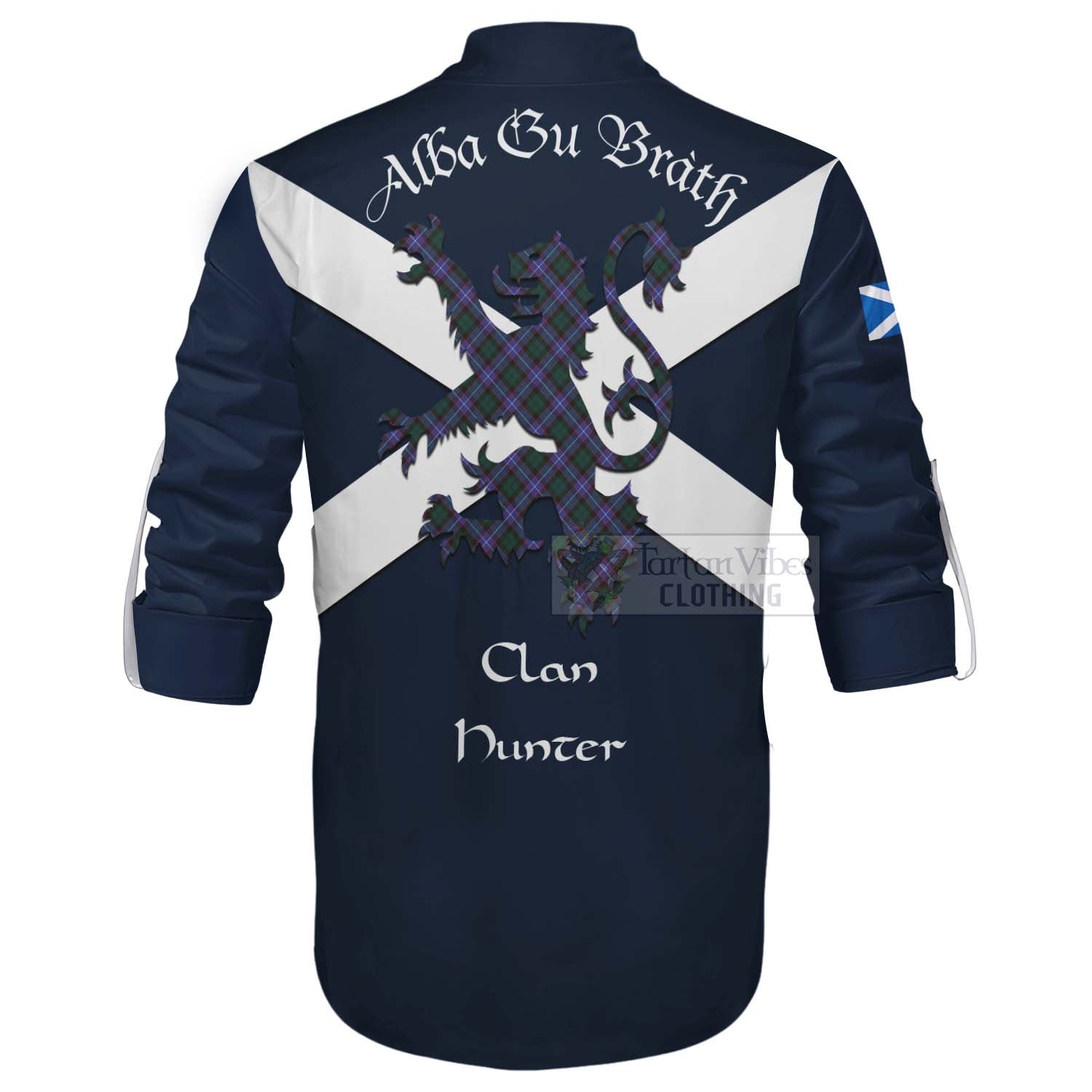 Tartan Vibes Clothing Hunter (Hunterston) Tartan Lion Rampant Ghillie Kilt Shirt Proudly Display Your Heritage with Alba Gu Brath and Clan Name