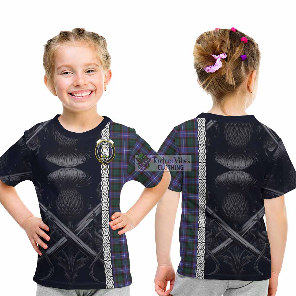 Tartan Vibes Clothing Hunter (Hunterston) Tartan Kid T-Shirt with Family Crest Cross Sword Thistle Celtic Vibes